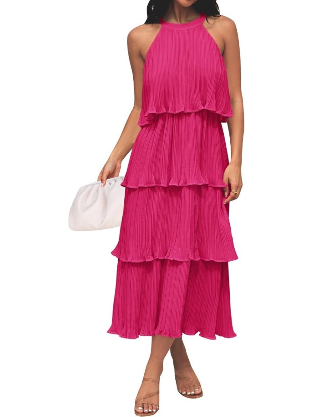 Women's Rose Summer Halter Ruffle Sleeveless Formal Wedding Guest Midi Dresses